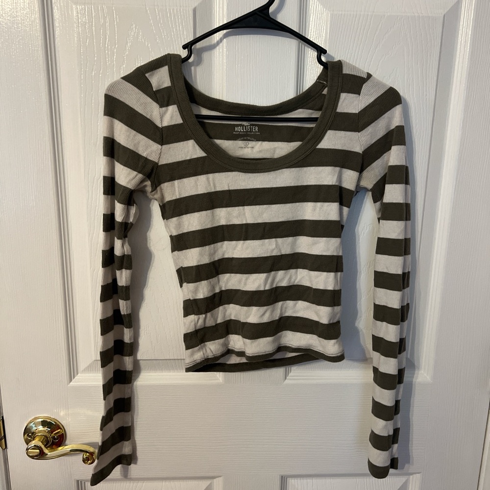 Hollister Olive and White Striped Long Sleeve Tee